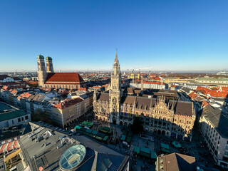 scenic skyline view of Munich with new town hall and church of our lady, Munich, Germany