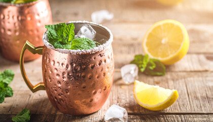 Fototapeta premium Frosted Mint Lemonade Copper Mug . Drinks concept. Generated Image
