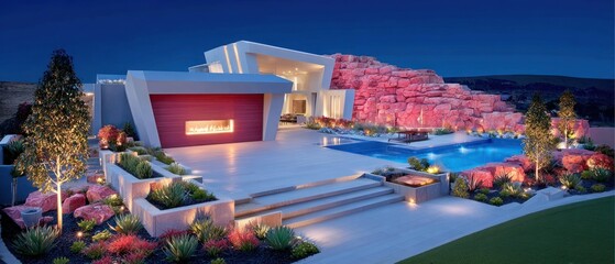 Modern, luxury home with a pool at night