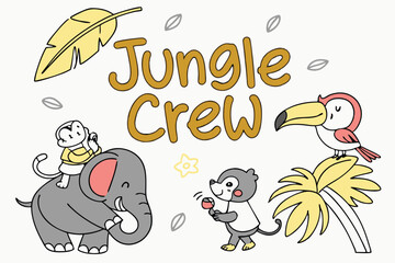 Doodle style jungle animal friends monkey and elephant illustration