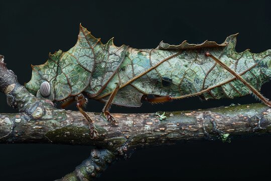 Beautifully camouflaged stick insect blending into a tree branch intricate details of its leaf like body structure ultra HD macro close up