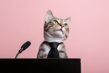 a cute cat wearing a small black necktie, standing behind a black podium with a microphone.