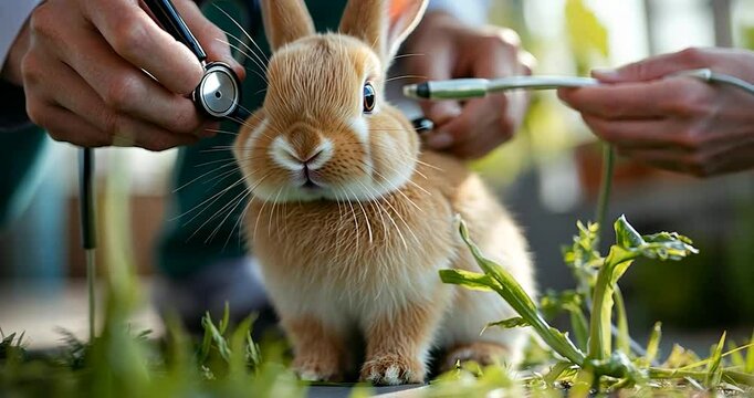 Close-up view of a light brown rabbit being examined by a veterinarian using a stethoscope in a garden setting. The rabbit is surrounded by green plants