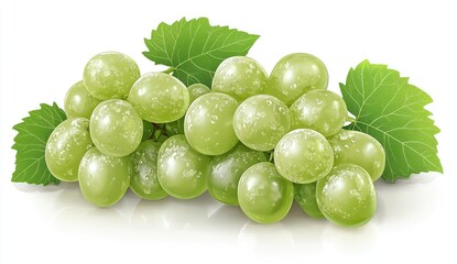 Fresh green grapes with water droplets and leaves