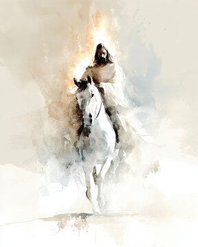 watercolor painting of Jesus Crist wearing gold crown and white robe riding on white horse.