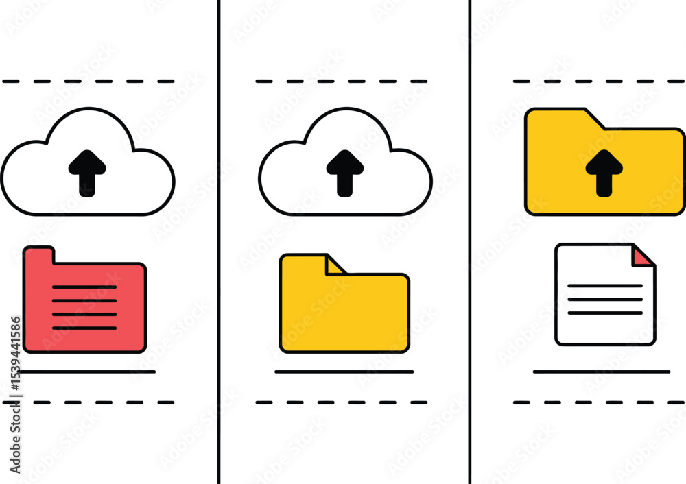 Poster data upload cloud storage concept illustrations with color variations of folders and documents.