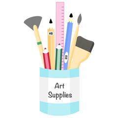 A cylinder holds art supplies including pencils, rulers, paintbrushes, and colors
