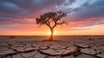 The drought-cracked land under the setting sun