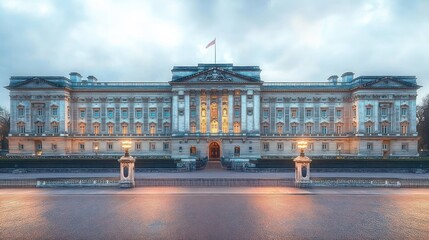 Naklejka premium Large neoclassical palace building illuminated with warm lights at dusk under cloudy sky