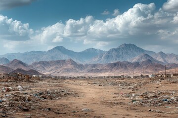Polluted Wasteland with Debris and Mountains Under a Cloudy Sky