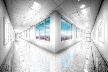 Fototapeta premium Modern hospital corridor with city views
