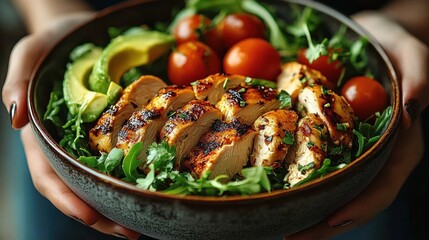Close-up of a fresh salad bowl with grilled chicken breast slices, cherry tomatoes, avocado slices, and leafy greens held by hands