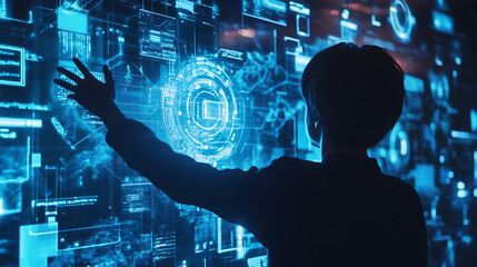 A person is pointing at a computer screen with a blue background. The screen is filled with various shapes and lines, and the person's hand is hovering over a specific area