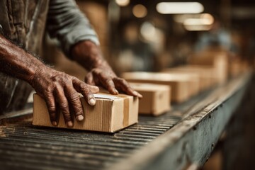 Asian Worker Inspecting Cardboard Boxes on a Conveyor Belt in a Factory Setting