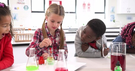 In school lab, diverse kids experimenting with colorful liquids, showing excitement