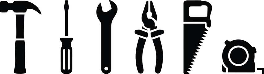 Collection of essential black silhouette hand tools for home improvement and diy projects