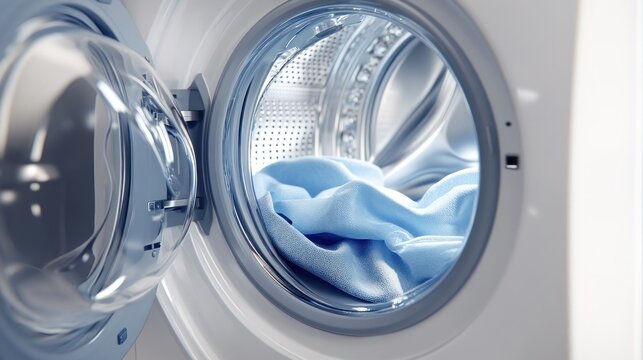 Open washing machine with blue clothes inside