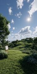 Idyllic Hillside Landscape  Blank Canvas  Easel  Grass  Trees  Clouds
