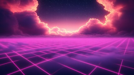 Glowing neon grid landscape under vibrant pink and purple cloudy sky with stars, evoking a futuristic and surreal atmosphere