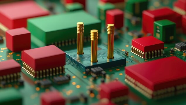 Close-up of circuit board with colorful components and gold pins