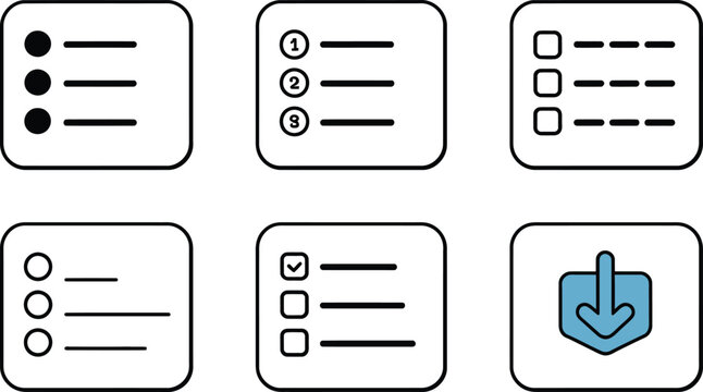 Collection of checklist, ordered list, and download icons representing task management and process visualization