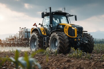 Obraz premium Yellow Tractor Spraying a Field of Young Crops for Agricultural Cultivation