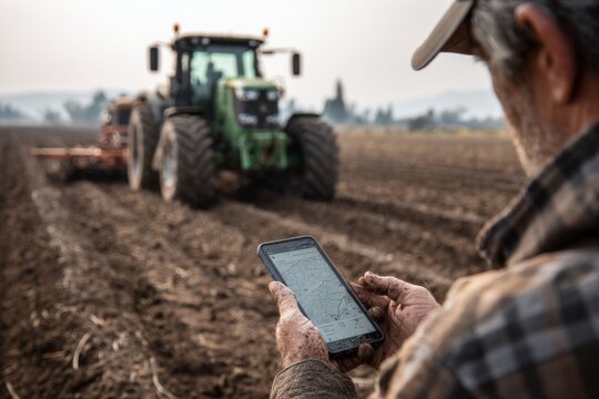 Farmer Using GPS on Smartphone in Field with Tractor Tilling Soil Furrows