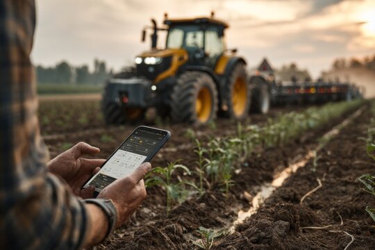 Farmer Monitoring Agricultural Data on Mobile Device in Field with Tractor