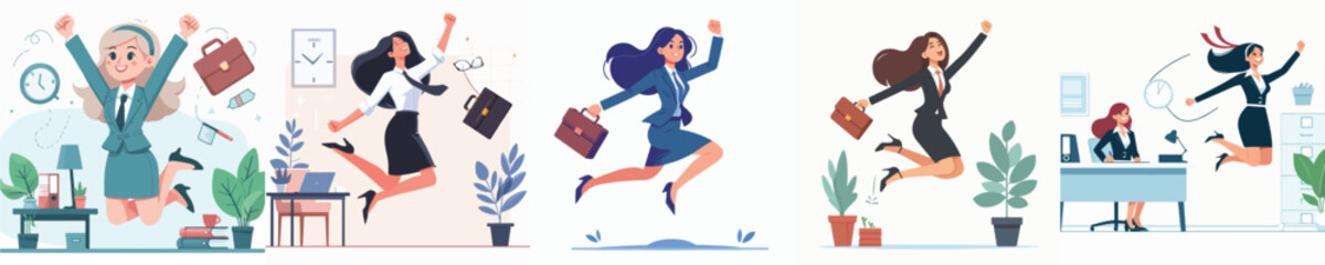Vector character of female secretary celebrating jumping