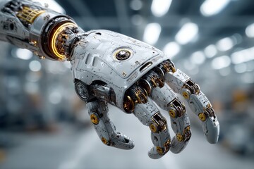 Robotic Hand with Complex Mechanical and Electronic Details on Blurred Background