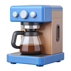 Coffee maker with a blue exterior and a glass carafe, featuring control knobs and a simple design.