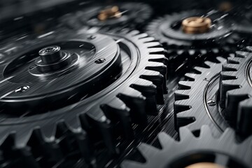 Detailed close-up of interconnected metallic gears in motion with shallow depth of field