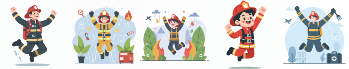 firefighter character vector celebration jumping