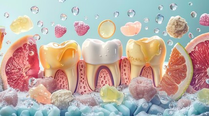 Beautifully illustrated diagram of how acidic foods affect tooth enamel medical whiteboard style background
