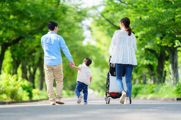 並木道を歩く四人家族の後ろ姿