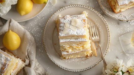Beautifully layered mille feuille pastry with crisp puff pastry layers silky vanilla custard and powdered sugar