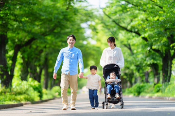  並木道を歩く四人家族