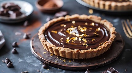 Beautifully plated chocolate tart with a glossy ganache topping garnished with edible gold leaf