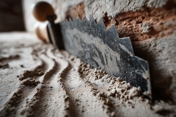 Tiling Trowel resting on Sandy Mortar next to Rough Textured Brickwork