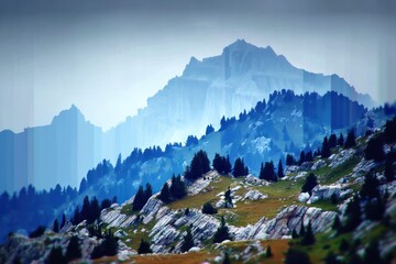 Misty mountain range with layered blues and whites