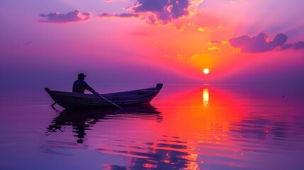 Obraz premium An old man in a small wooden boat his silhouette 