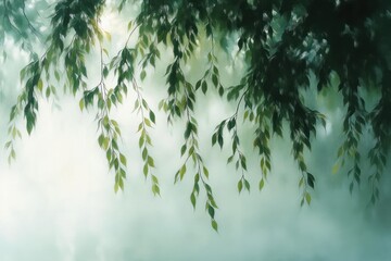 Soft-focused image of green hanging leaves from tree branches with light filtering through creating a calm and serene atmosphere