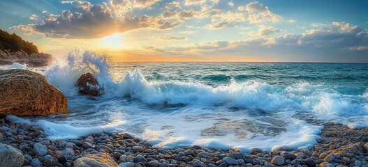 sunset over a rocky pebble beach with waves crashing against large rocks under a partly cloudy sky