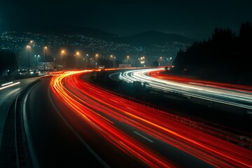 Highway Traffic Flowing at Night with Light Streaks and City Lights