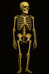 A detailed golden human skeleton on a stark black background.