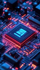 Obraz premium Close-up of a glowing electronic microchip on a circuit board emitting blue and red light with intricate pathways and components