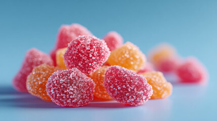Sugar coated gummy candy close up with sparkling sugar crystals on colorful red and orange sweets on blue background