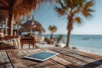 Tablet Computer on Rustic Wooden Table with Beach and Palm Tree View
