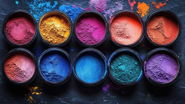 Array of colorful powdered pigments in round containers arranged in two rows on dark surface with scattered powder specks