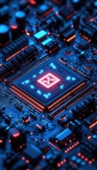 Fototapeta premium Close-up of a glowing microchip on a detailed circuit board illuminated with blue and red LED lights, showcasing advanced electronic components and modern technology